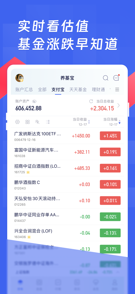 Mobile interface of Yang Ji Bao app showing real-time fund performance and portfolio summary