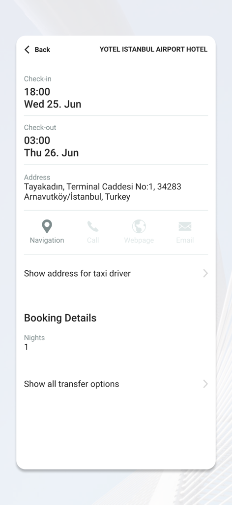 Atriis mobile - Atriis mobile app screen showing hotel booking details and address