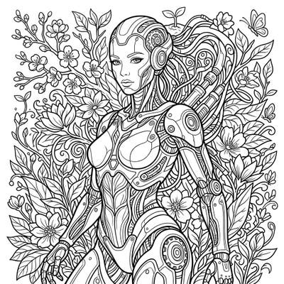 Dive into a captivating world where technology meets nature with this intricate bio-organic cyborg coloring page. Experience the beauty of spring intertwined with advanced biomechanical design.