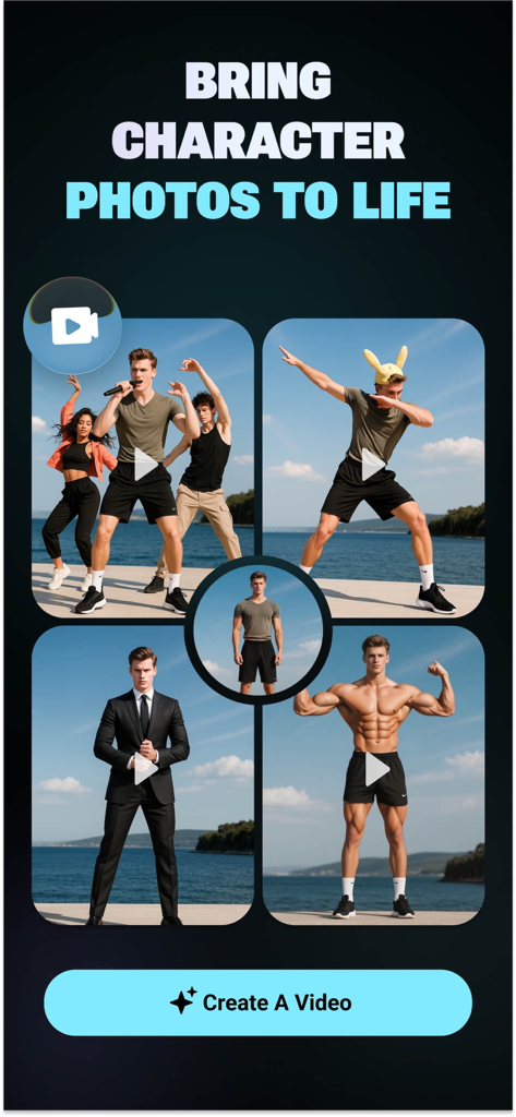 Flipped:Chat with AI Character - Interface of the Flipped app showing AI character photos being transformed into various animated video scenes.