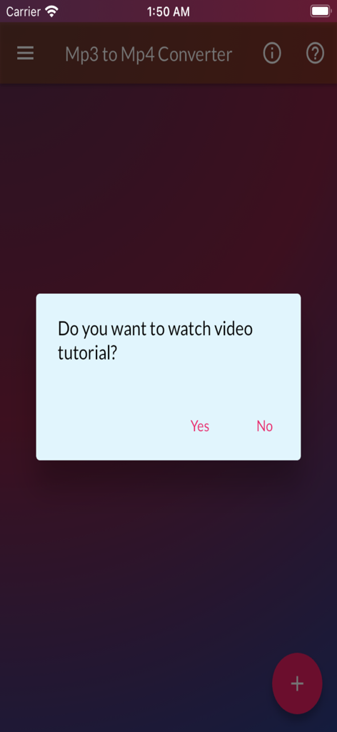 Mp3 to Mp4 Converterアプリのビデオチュートリアルダイアログプロンプト。