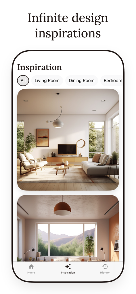 Eine Galerie mit modernen Einrichtungsideen für Wohn- und Schlafzimmer in der KI-Raumgestaltungs-App