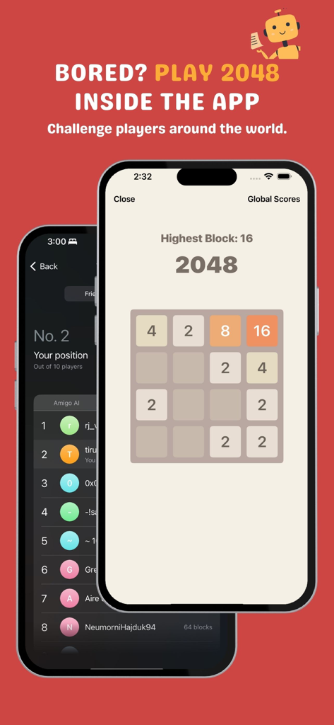 Amigo AI - Expense Tracker - Screenshot dell'app Amigo AI che mostra il gioco 2048 integrato nell'app e la classifica globale dei giocatori.