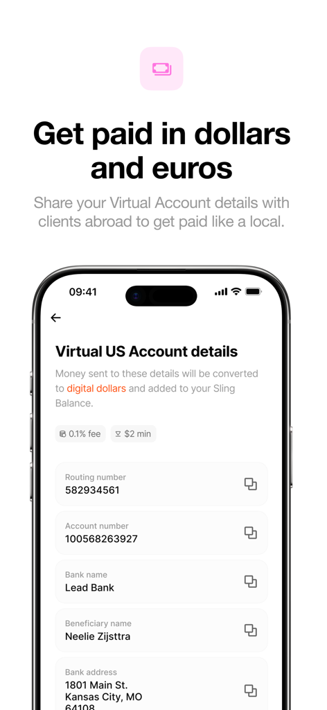 Interfaz de la aplicación Sling Money mostrando los detalles de la cuenta virtual de EE. UU. para transferencias globales