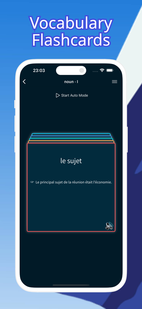 A mobile screen showing French vocabulary flashcards with the word le sujet and an example sentence.