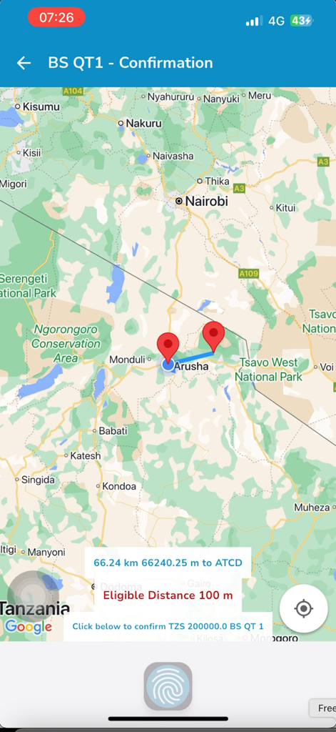 HESLB Tanzania app interface showing a map for loan confirmation with distance eligibility check and biometric authentication