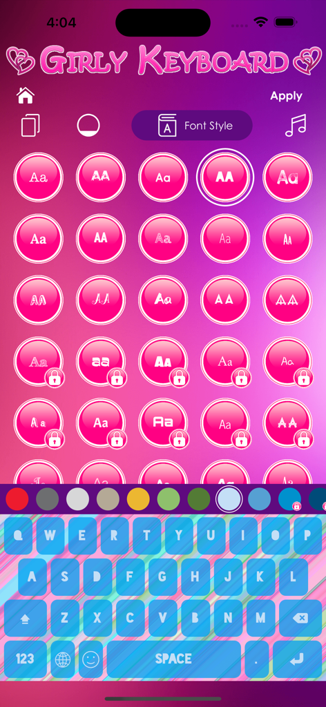 Cute Girly Keyboard Themes - App screen showing various font style options and a colorful keyboard preview