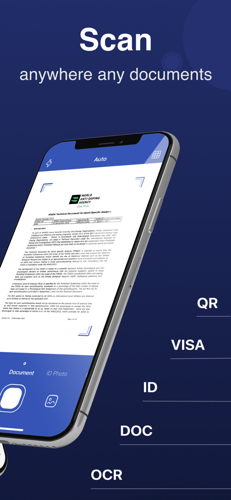 Ein iPhone zeigt die Scanner-App-Oberfläche beim Scannen eines Dokuments mit OCR- und ID-Scan-Modi.