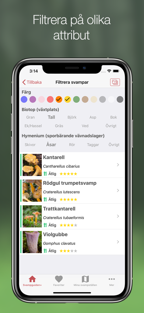 Svampguiden+ - Filtering interface in the Svampguiden plus app showing mushroom identification options by color and habitat