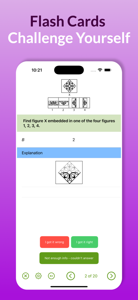 The IQ Test : Lite Edition - A flash card screen in the IQ Test Lite app featuring a pattern recognition challenge with an explanation