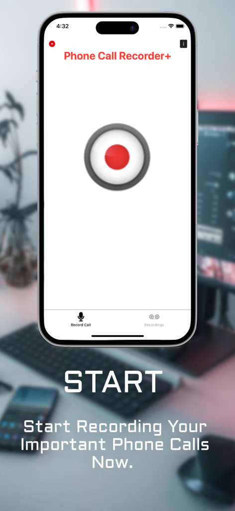Phone Call Recorder + - Pantalla de inicio de la aplicación Grabadora de Llamadas plus con un gran botón rojo de inicio de grabación