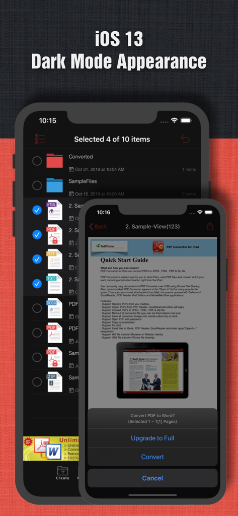 iOSダークモードでファイル管理とドキュメント変換オプションを表示するiPhone上のPDF to Wordアプリのインターフェース。