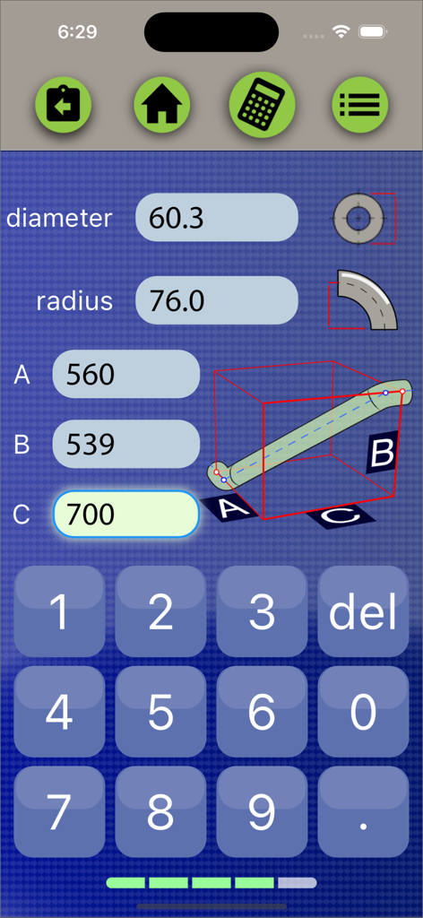 The Pipefitter app calculation screen showing a 3D diagram for pipe offsets with numeric data inputs