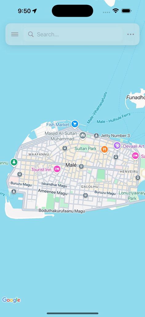 Detailed street map of Male city in the Maldives showing various landmarks and points of interest within the app.