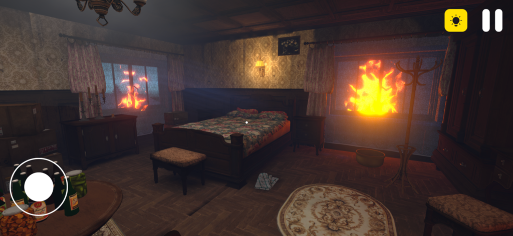 Anomalies Horror Detective - Uma cena de quarto em Anomalies Horror Detective com fogo sobrenatural a aparecer nas janelas.