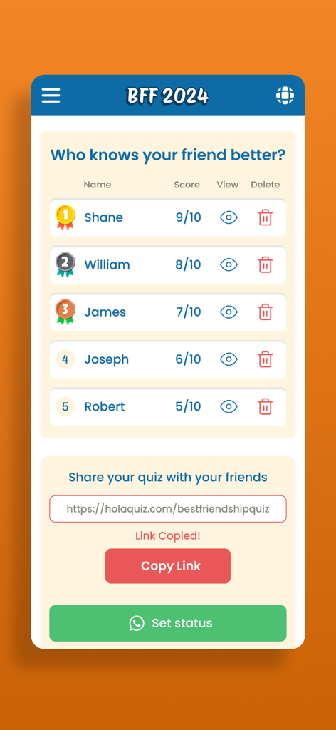 Schermata dell'app BFF Friendship Test che mostra una classifica con i punteggi degli amici e opzioni per condividere il link del quiz sui social media.