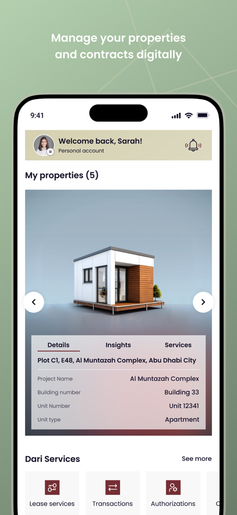 Dari - Dari mobile app dashboard displaying a property in Abu Dhabi with lease and transaction services