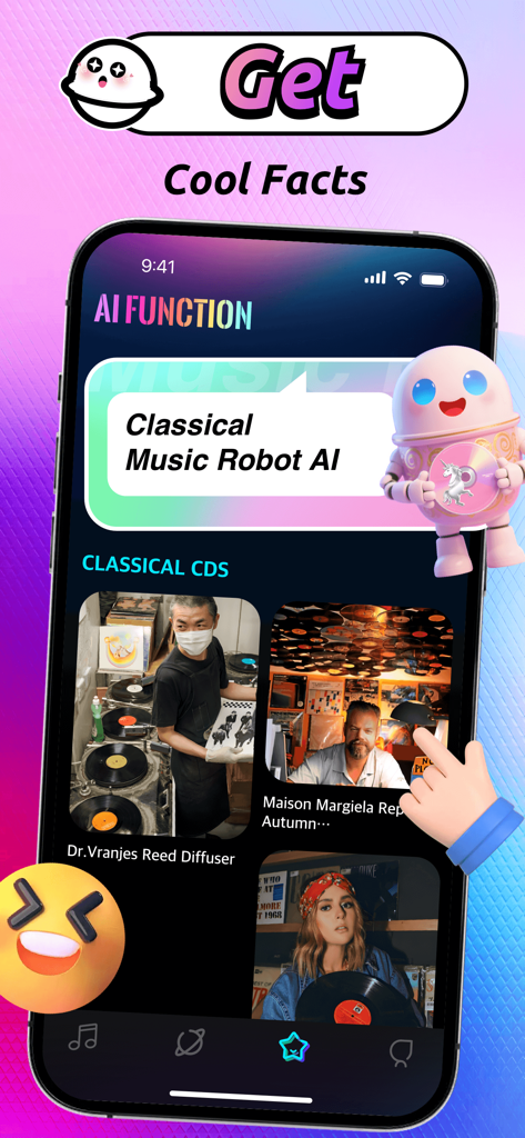 Una captura de pantalla de la aplicación Mioya con un personaje de IA Robot de Música Clásica y una colección de álbumes de música clásica.