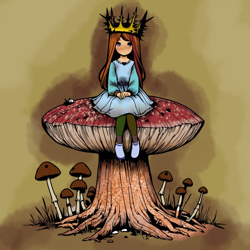 realistic girl sitting on a huge tree stump size toadstool with thorn crown