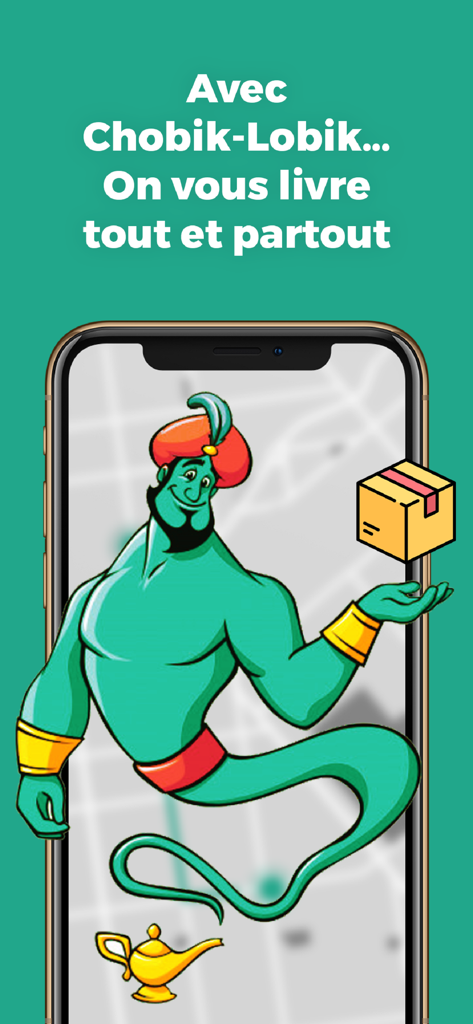 kaalix - A green genie mascot emerging from a smartphone holding a delivery box with text saying we deliver everything everywhere.