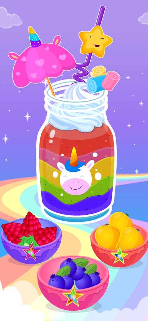 Unicorn Cooking Girl Games App - A rainbow layered smoothie in a unicorn jar with fruit toppings in a kids cooking game screen.