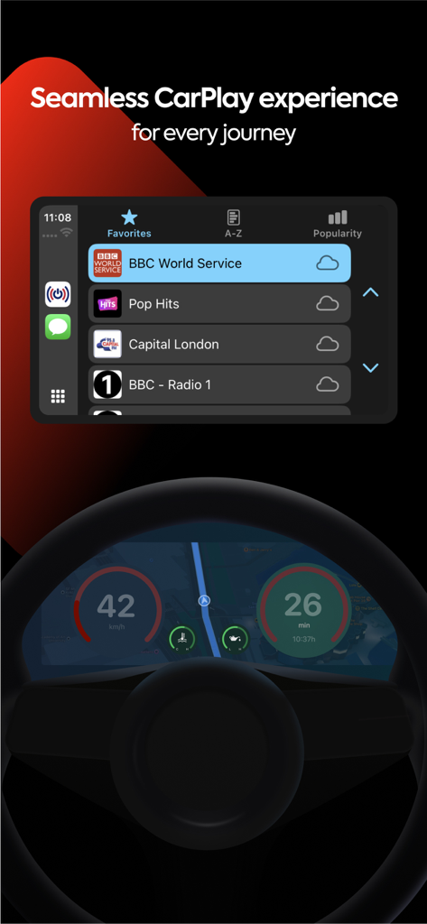 British FM radio app interface showing CarPlay integration on a vehicle dashboard