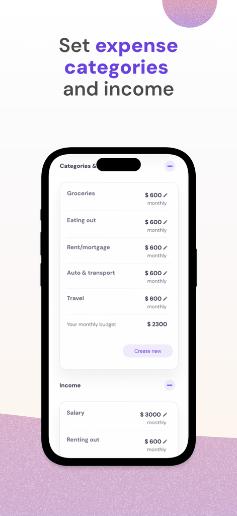 AI Expense Tracker - Vossa - Interfaz de la aplicación móvil Vossa AI Expense Tracker para establecer categorías de gastos mensuales y fuentes de ingresos