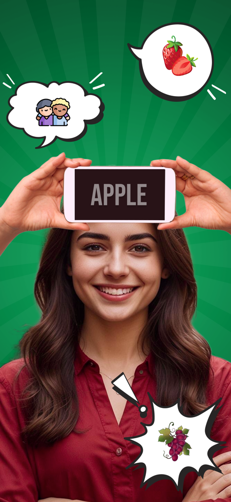 A woman playing a charades party game by holding a smartphone to her forehead with the word Apple displayed