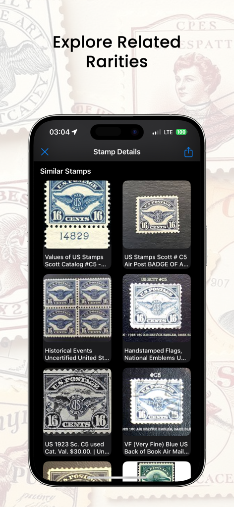 Stamp Identifier Value Scanner - Mobile app screen displaying similar rare stamps for identification and value appraisal