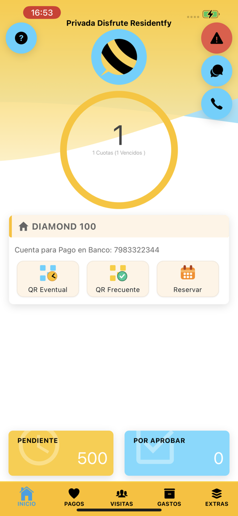 Residentfy - Écran d'accueil de l'application mobile Residentfy montrant les options de code QR pour les visiteurs, les réservations d'équipements et l'état des paiements pour les communautés fermées.
