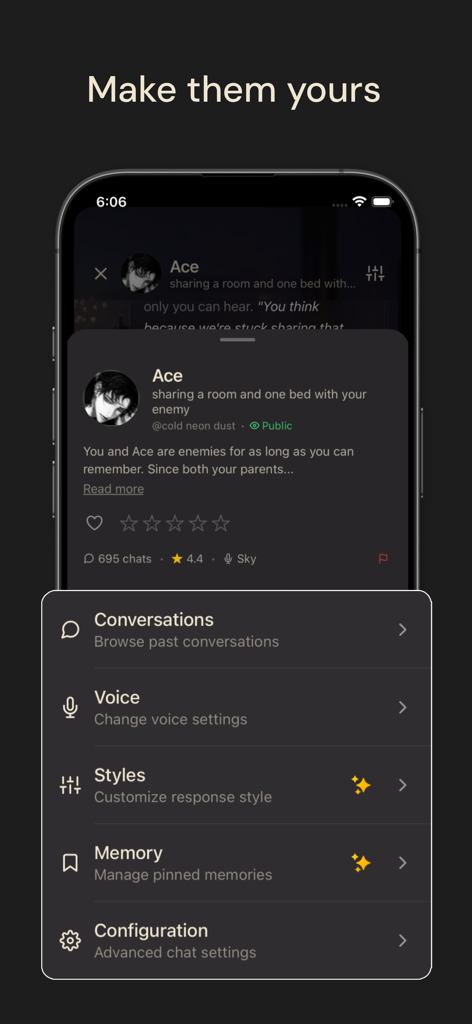 AI chat interface showing character profile settings for a roleplay character named Ace including voice style and memory options.