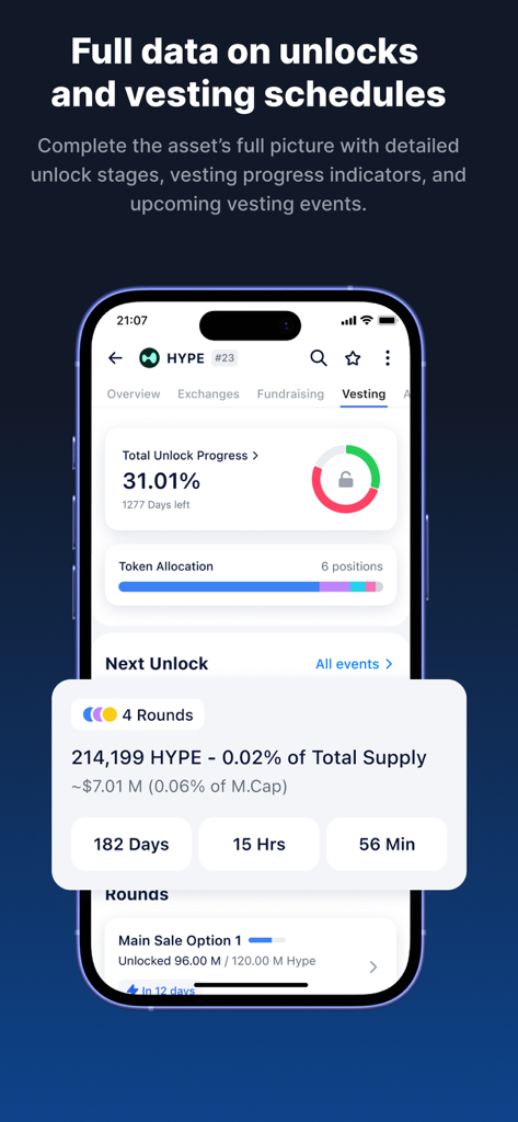 DropsTab Crypto Tracker - Interfaz de la aplicación DropsTab mostrando calendarios de adquisición de tokens cripto y etapas de desbloqueo