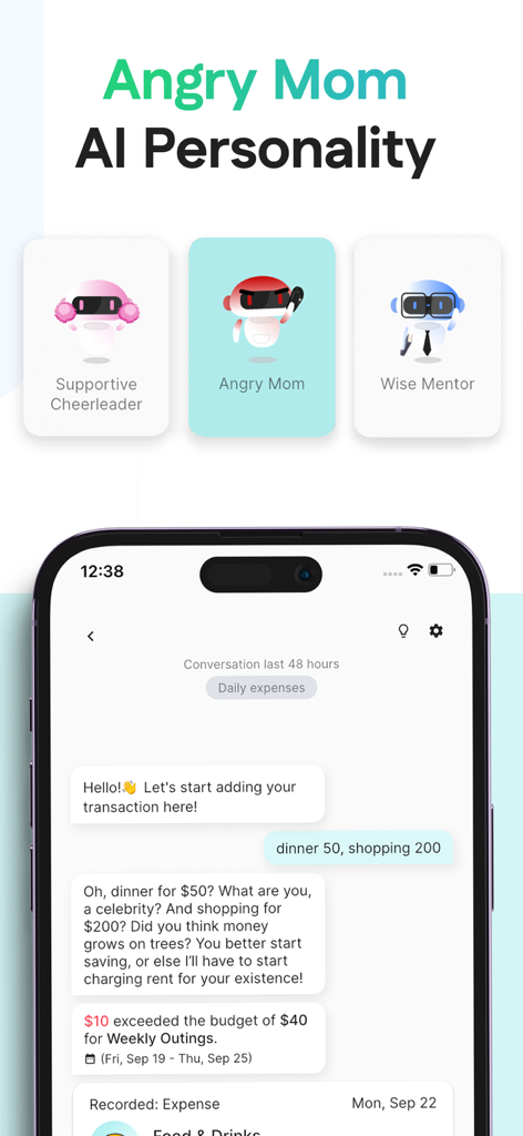 Interfaz de chat de la app Rolly que muestra la personalidad IA Mamá Enojada regañando a un usuario por gastar de más