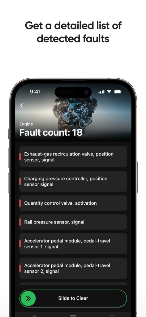 Smartphone screen showing the OBDeleven app displaying a detailed list of eighteen detected engine faults with a slide to clear button.