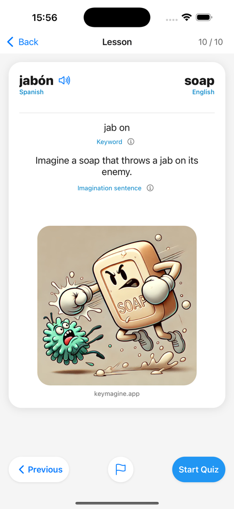 Keymagine - A language learning screen from the Keymagine app showing the Spanish word jabon with a visual mnemonic illustration of a soap bar boxing a germ.