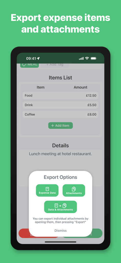 Bildschirm der Geschäftsausgaben-App, der Exportoptionen für Ausgabendaten und Beleganhänge anzeigt