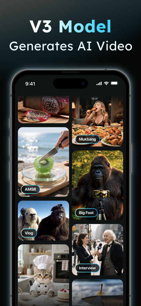 AIReel：AI Video Generator - AIReel app interface displaying various AI generated video categories like Mukbang AMSR and Vlogs