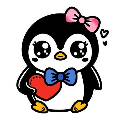 cute penguin with bow tie holding heart
