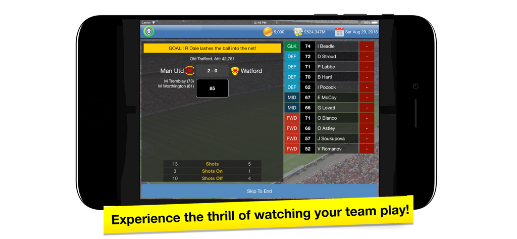 Captura de pantalla del juego de una simulación de partido de fútbol mostrando resultados y estadísticas del equipo