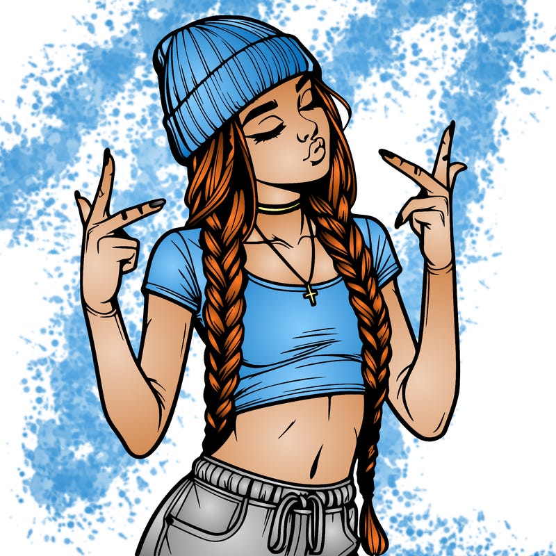 realistic teenage girl with braids and a beanie and crop top doing 🫶🏼