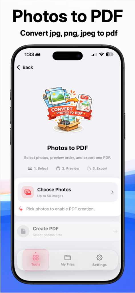 La pantalla de conversión de Fotos a PDF de la aplicación PDF Converter para iPhone.