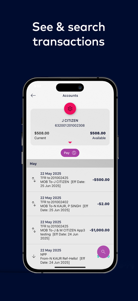 Bank of us - Bank of us mobile app screen displaying transaction history and account balances