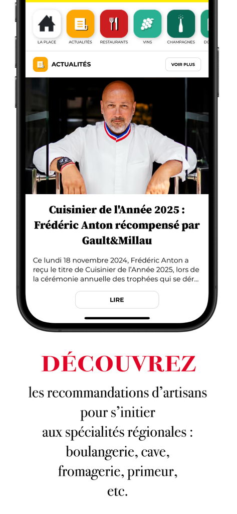 Gault&Millau France - Gault Millau France app screen featuring Chef of the Year 2025 and culinary discovery options