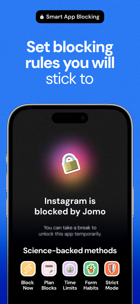 Jomo app interface showing Instagram blocked with smart app blocking rules and science-backed methods icons.