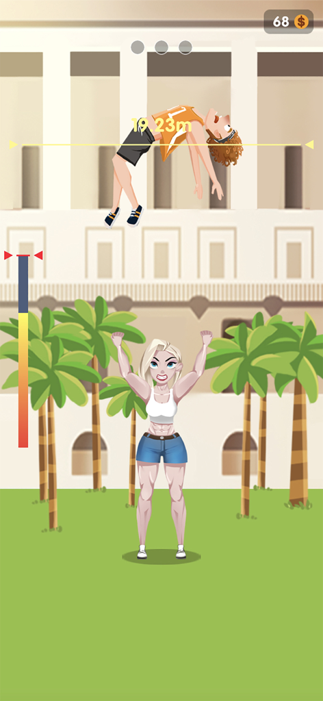 Lady Toss - A muscular woman character in Lady Toss tossing a man high into the air near palm trees