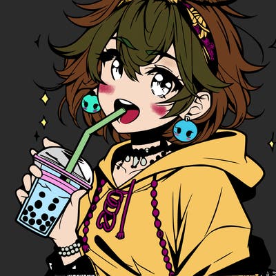 hot baddie anime girl drinking boba and biting the straw