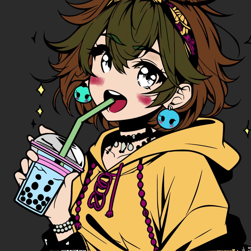 hot baddie anime girl drinking boba and biting the straw