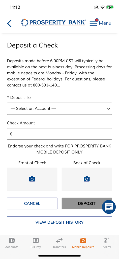 Prosperity Mobile Banking - Prosperity Bank mobile app interface for depositing a check with fields for account selection amount and check photos