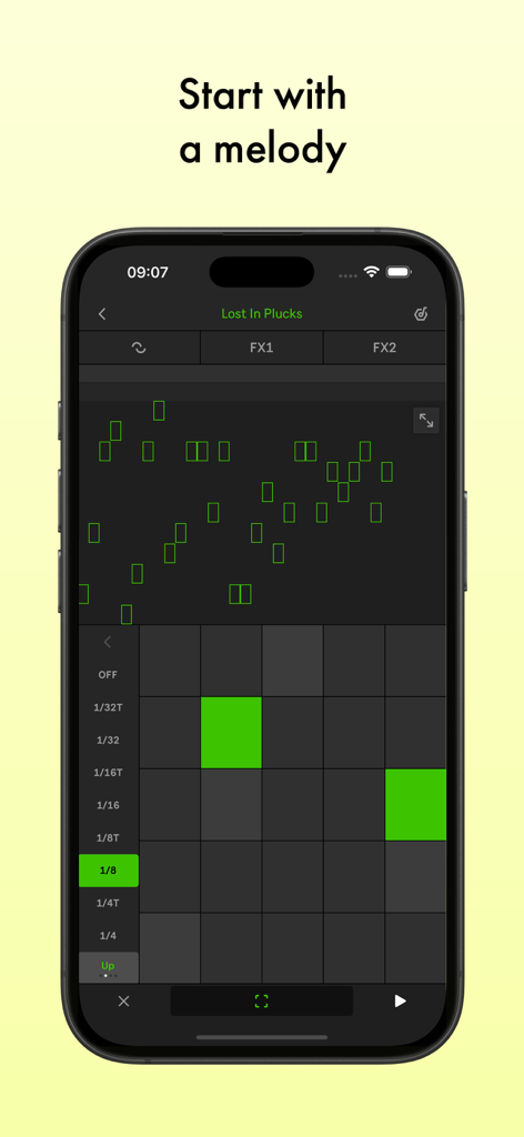 Ableton Note - L'interface de l'application mobile Ableton Note montrant un éditeur de mélodie avec une grille MIDI verte sur un écran de smartphone.