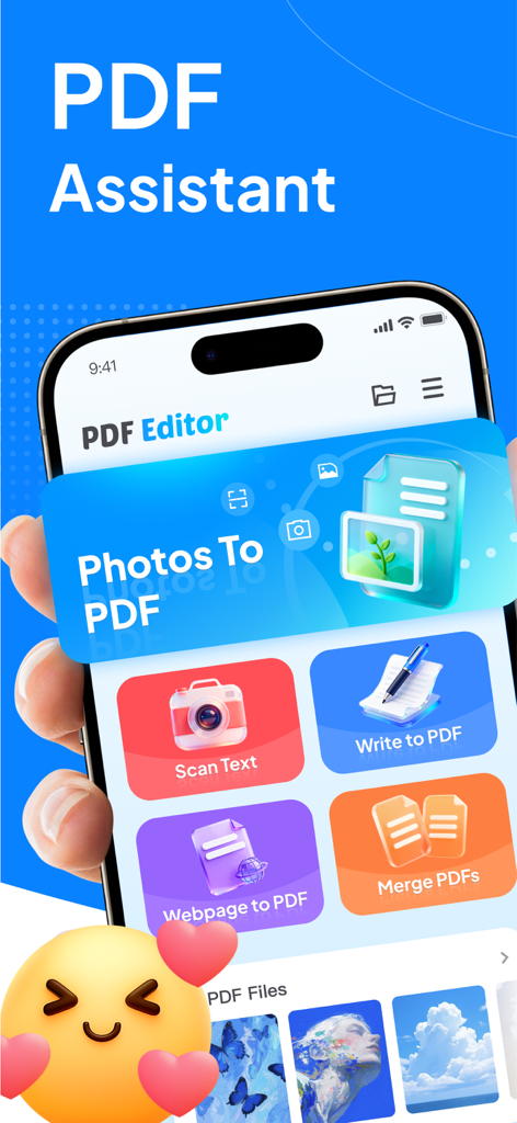 PDF Editor: Scan & Convert - A mobile app interface for PDF Editor showing features like Photos to PDF, Scan Text, and Merge PDFs.